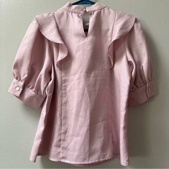 Womens Blush Soft Pink Tie Neck Ruffle Blouse Medium Feminine Romantic Coquette - Picture 3 of 3